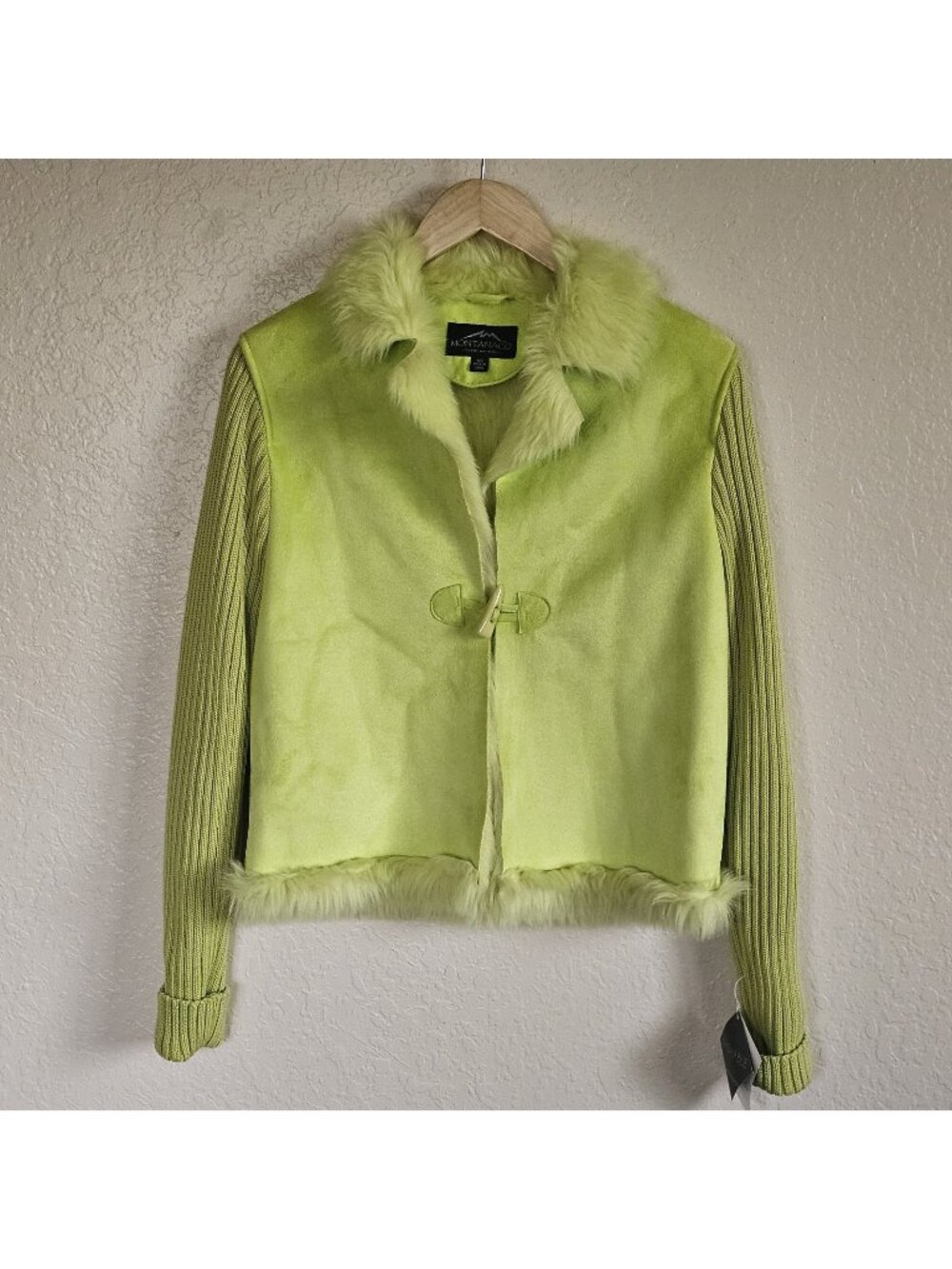 Montanaco Jacket Women's XS Suede Faux Fur Toggle Lime Green Boho NWT MSRP $96